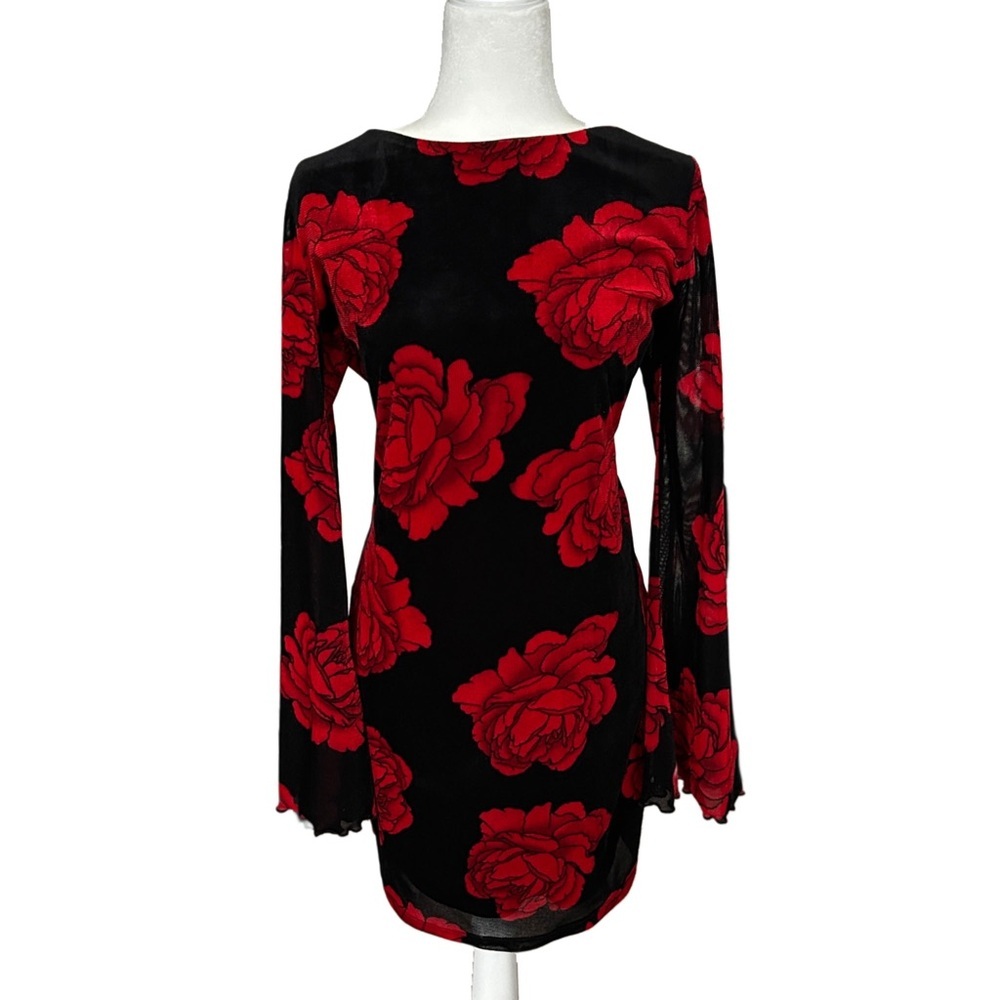 Thirty Thirty LA Black Red Floral Mesh Bell Sleeve Bodycon Mini Dress Size XL